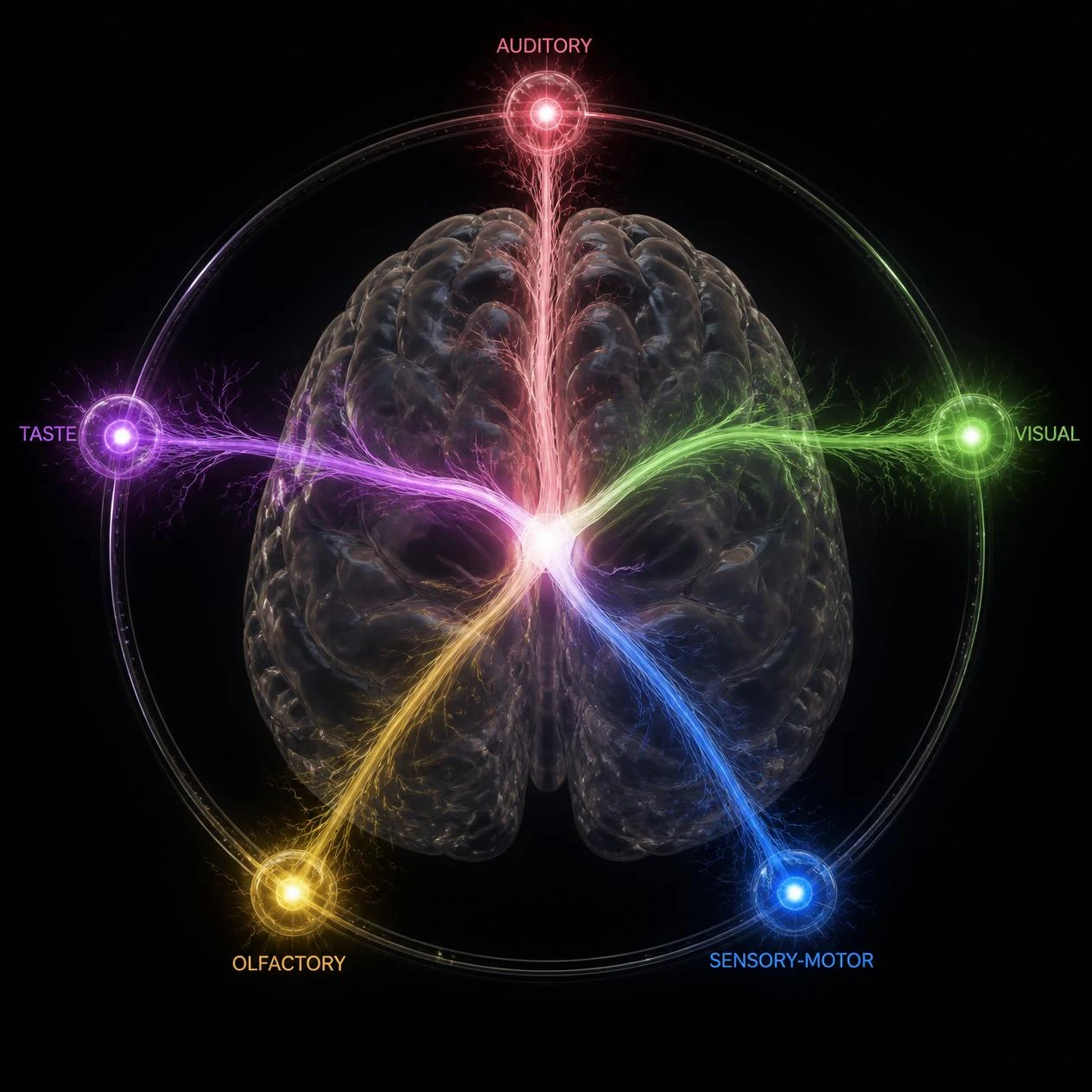 Illustration of a brain with its regions labelled and pathways glowing