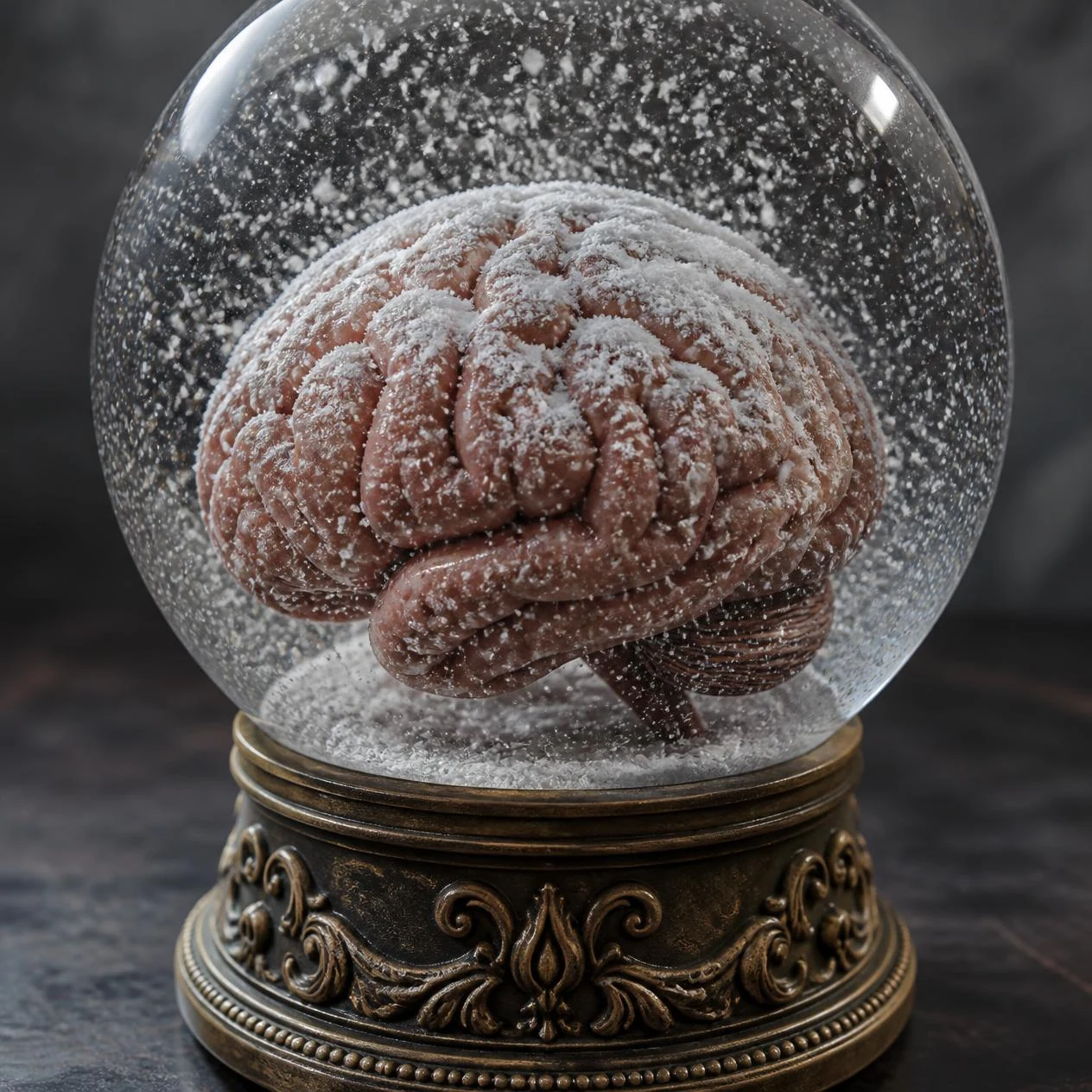 A brain resting inside a glass snow globe