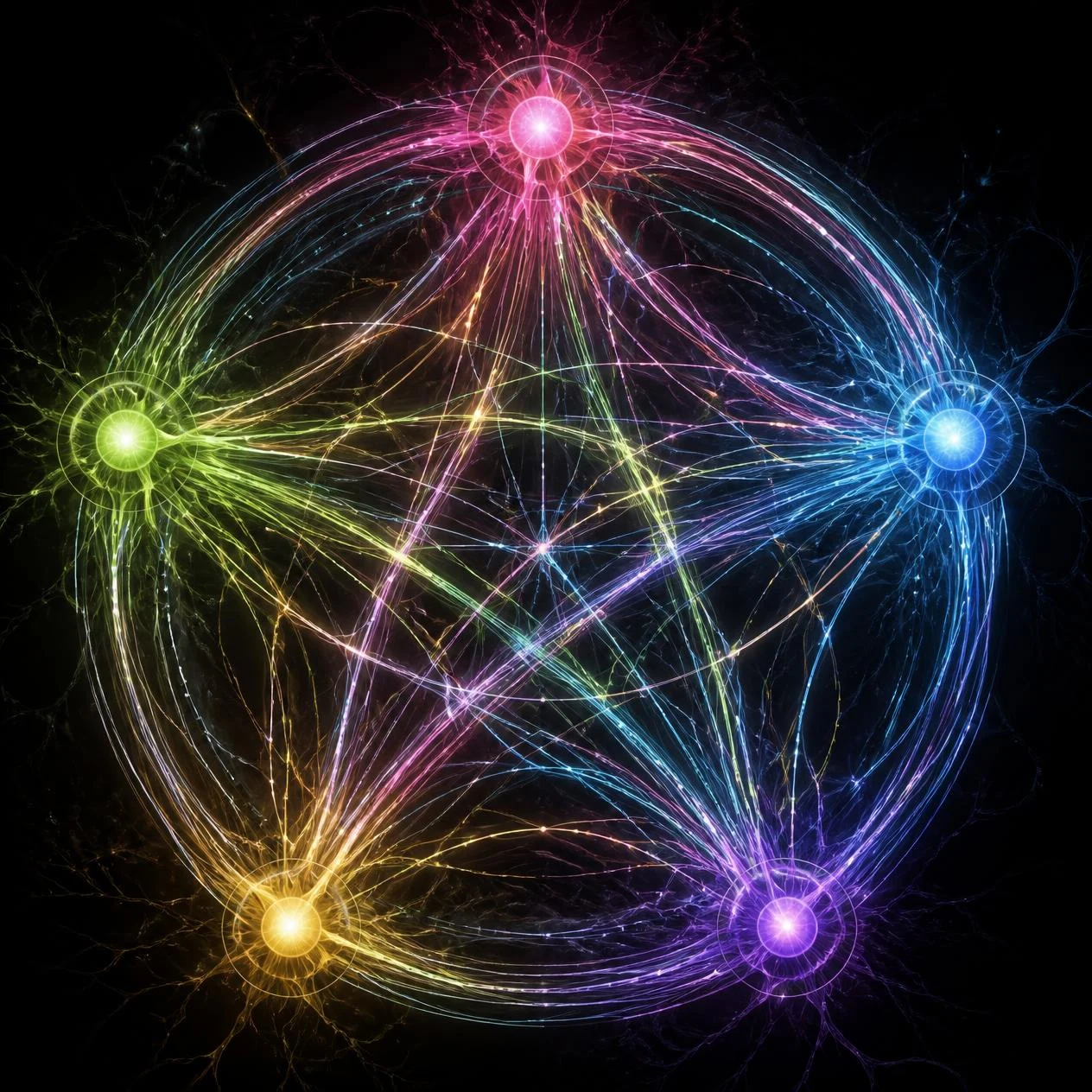 Illustration of the senses radiating from a brain in coloured light