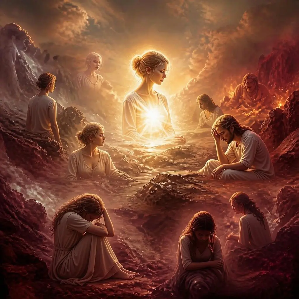 A painting of figures sitting with their grief, gathered around a warm central light